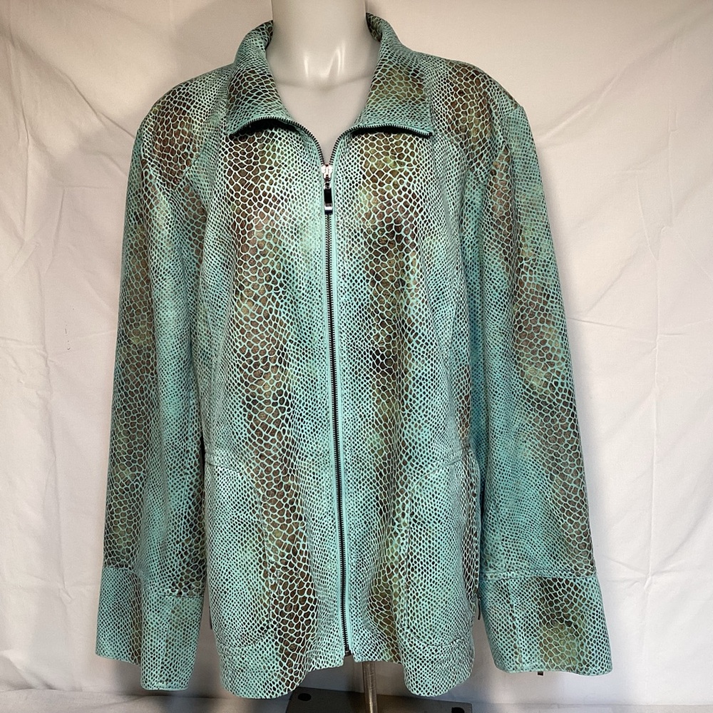 Dialogue Turquoise Faux Snake Skin Print Bomber Jacket Women’s Size 2X